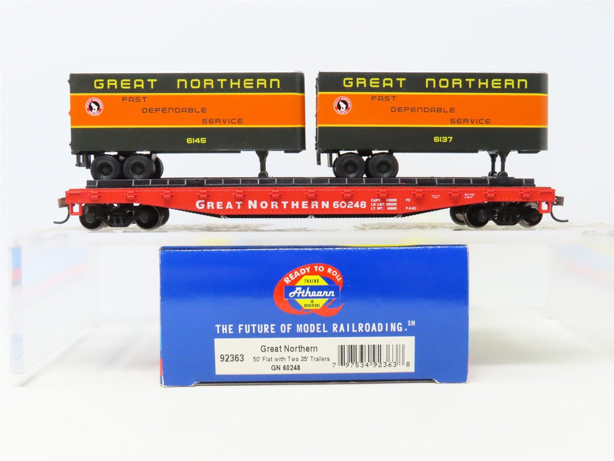 HO Scale Athearn 92363 GN Great Northern 50&#39; Flat Car #60248 w/ Two 25&#39; Trailers