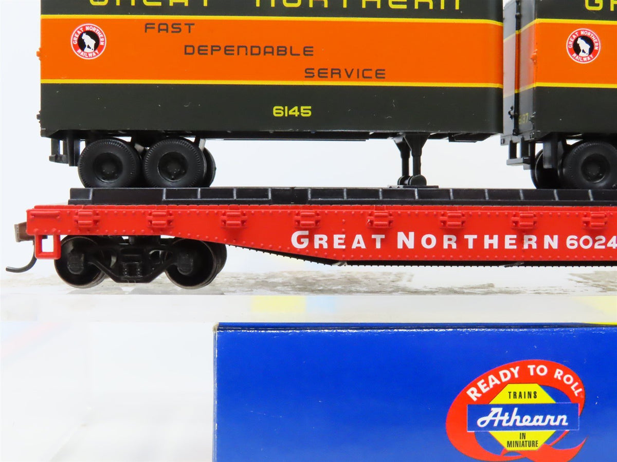 HO Scale Athearn 92363 GN Great Northern 50&#39; Flat Car #60248 w/ Two 25&#39; Trailers