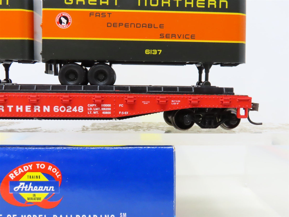 HO Scale Athearn 92363 GN Great Northern 50&#39; Flat Car #60248 w/ Two 25&#39; Trailers