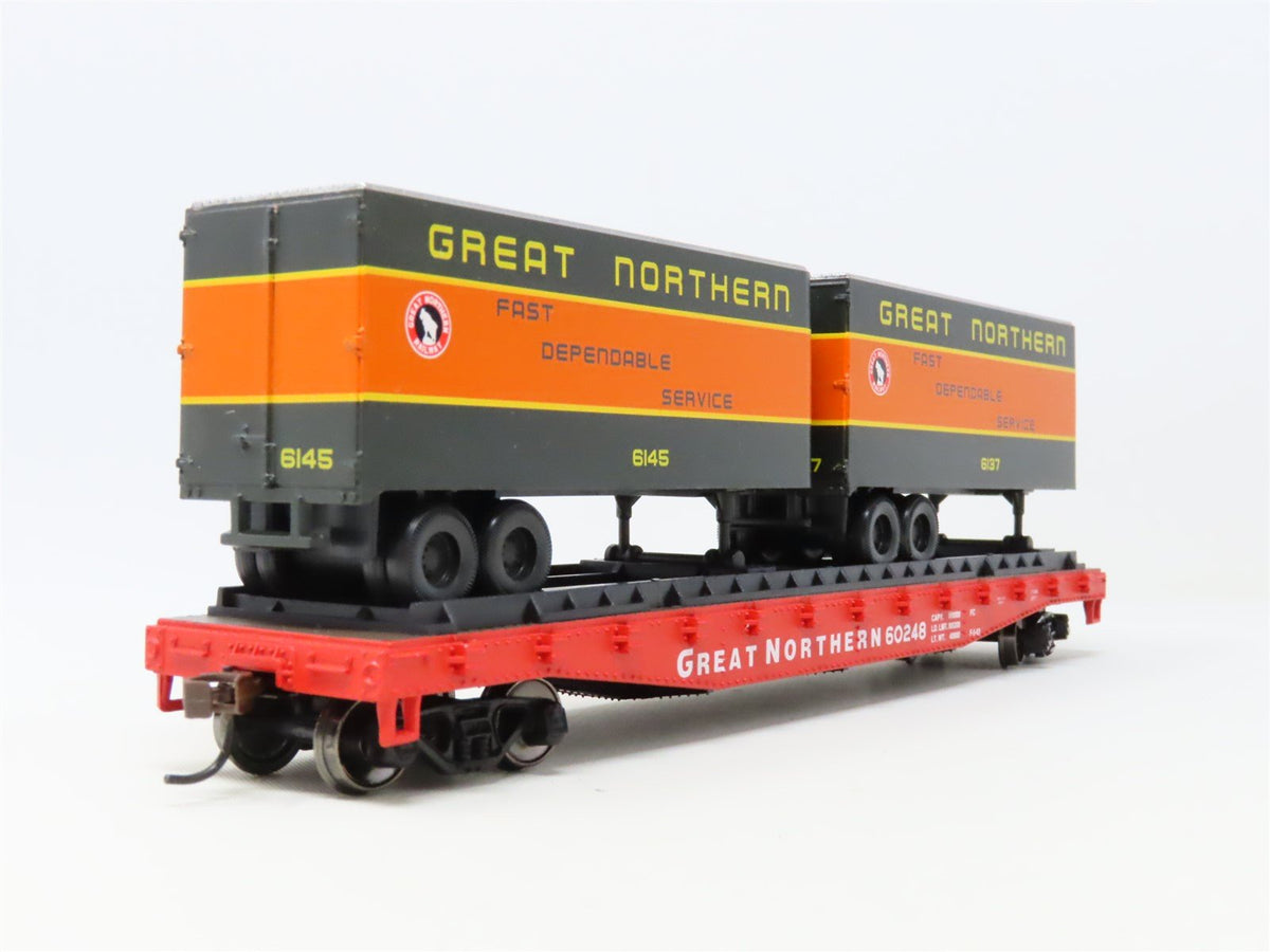 HO Scale Athearn 92363 GN Great Northern 50&#39; Flat Car #60248 w/ Two 25&#39; Trailers