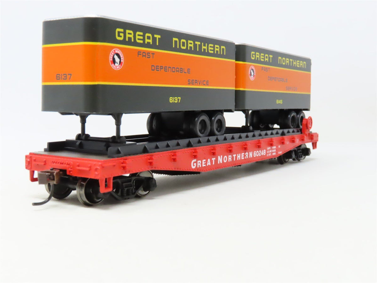 HO Scale Athearn 92363 GN Great Northern 50&#39; Flat Car #60248 w/ Two 25&#39; Trailers