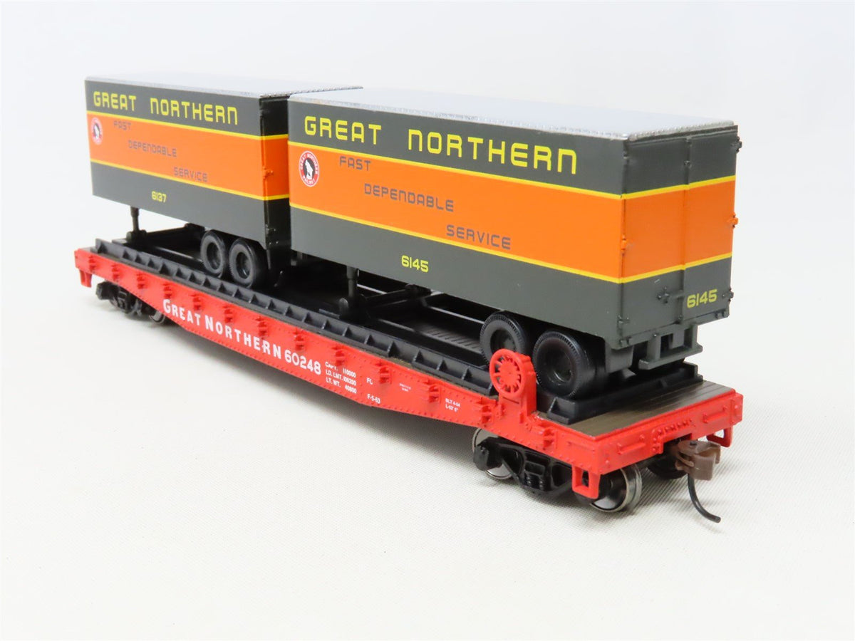 HO Scale Athearn 92363 GN Great Northern 50&#39; Flat Car #60248 w/ Two 25&#39; Trailers