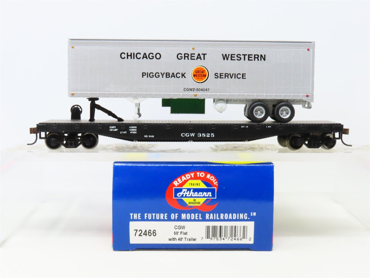 HO Athearn 72466 CGW Chicago Great Western 50&#39; Flat Car #3825 w/ 40&#39; Trailer