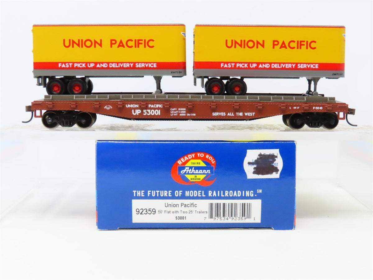 HO Scale Athearn 92359 UP Union Pacific 50&#39; Flat Car #53001 w/ Two 25&#39; Trailers