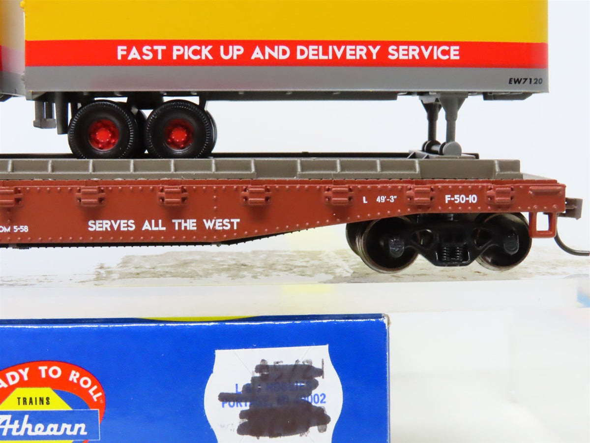 HO Scale Athearn 92359 UP Union Pacific 50&#39; Flat Car #53001 w/ Two 25&#39; Trailers