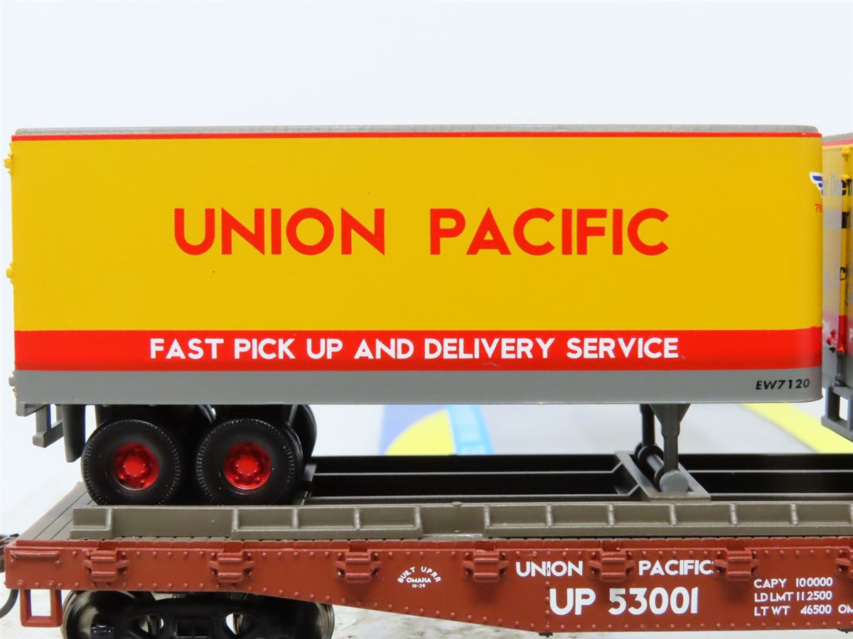 HO Scale Athearn 92359 UP Union Pacific 50&#39; Flat Car #53001 w/ Two 25&#39; Trailers