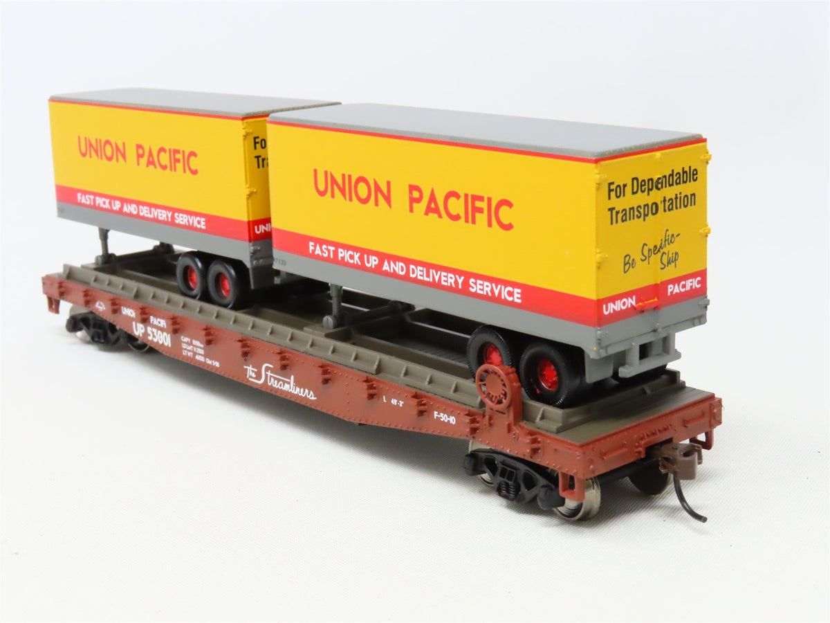 HO Scale Athearn 92359 UP Union Pacific 50&#39; Flat Car #53001 w/ Two 25&#39; Trailers