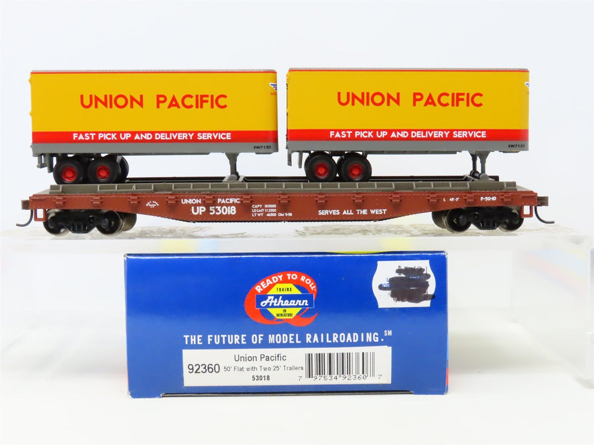 HO Scale Athearn 92360 UP Union Pacific 50&#39; Flat Car #53018 w/ Two 25&#39; Trailers