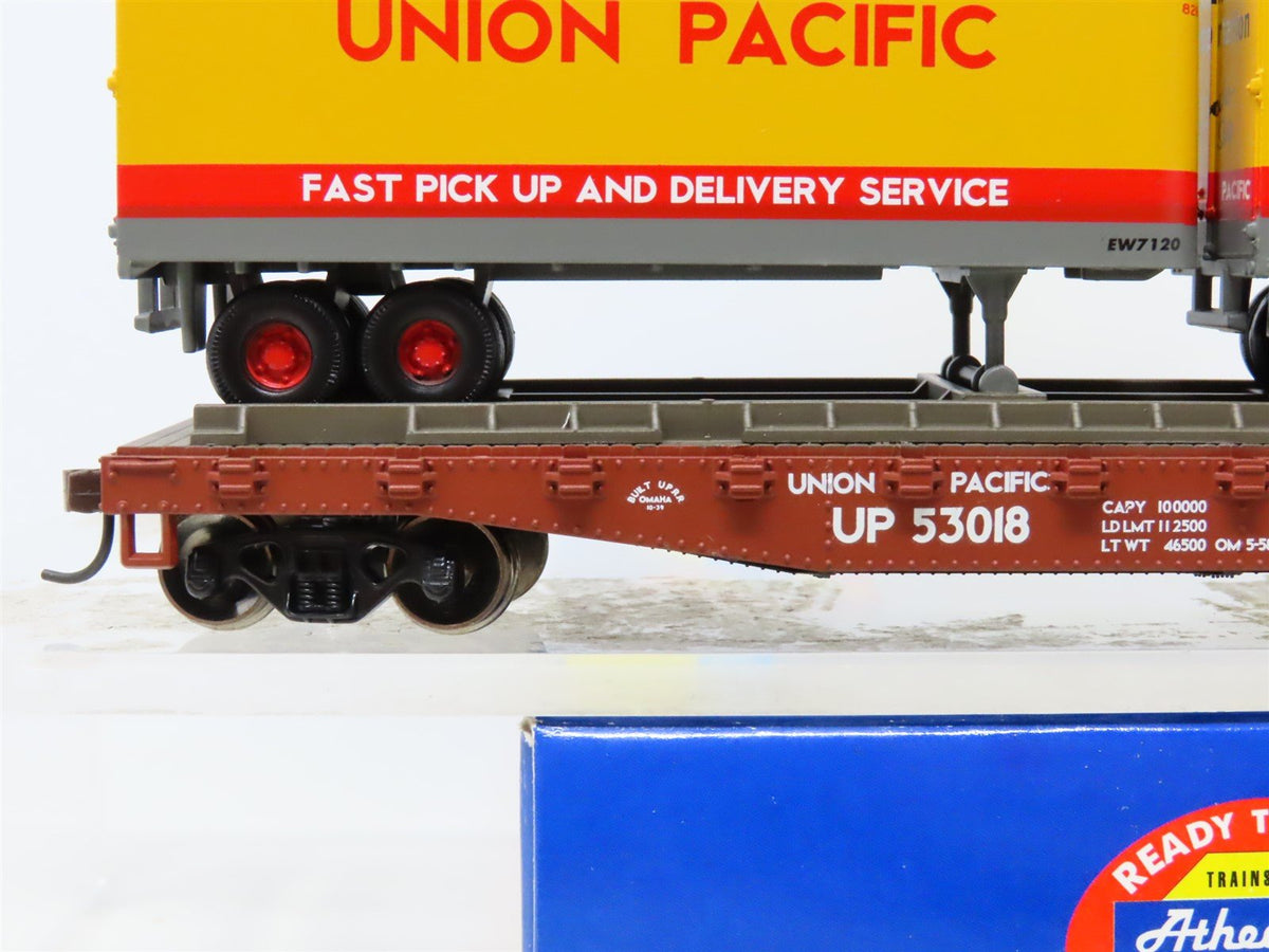 HO Scale Athearn 92360 UP Union Pacific 50&#39; Flat Car #53018 w/ Two 25&#39; Trailers