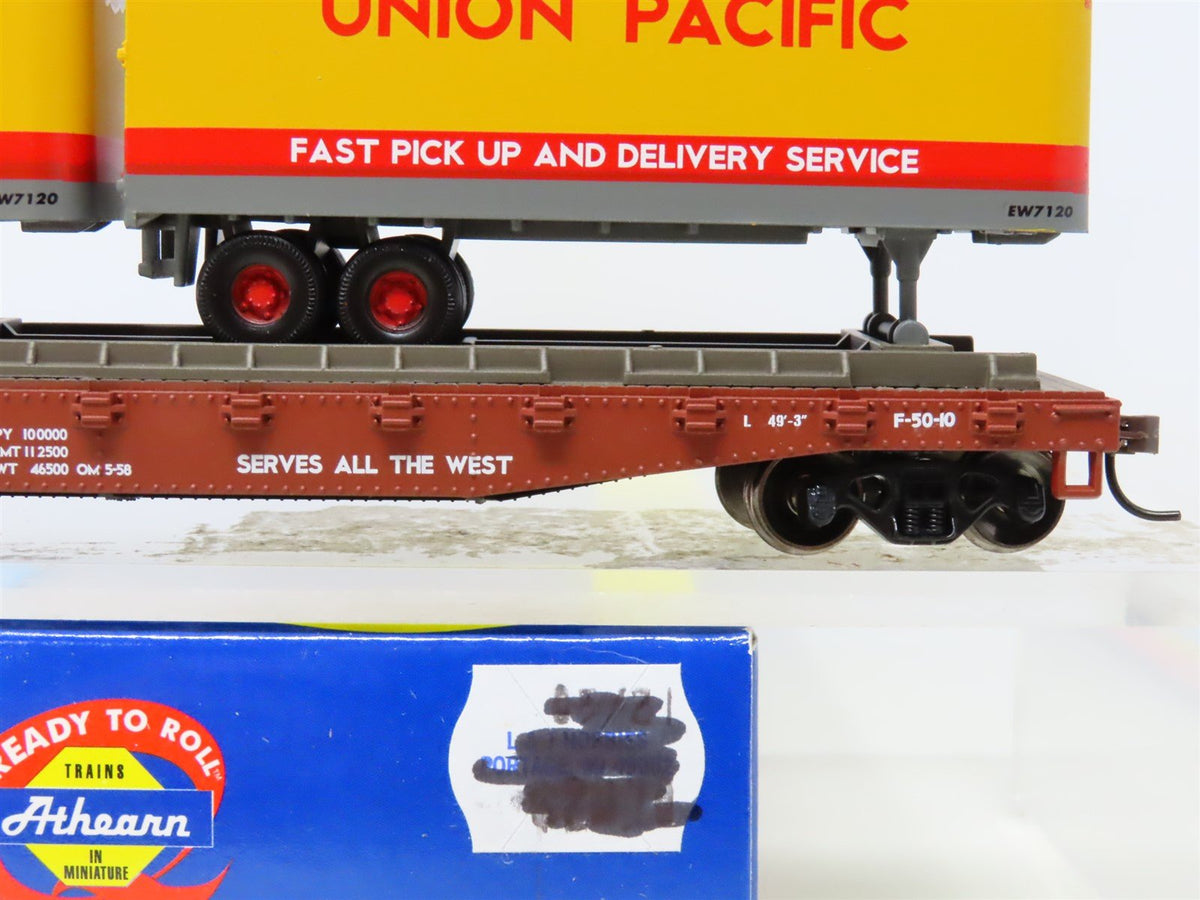 HO Scale Athearn 92360 UP Union Pacific 50&#39; Flat Car #53018 w/ Two 25&#39; Trailers