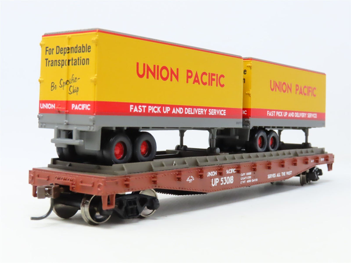 HO Scale Athearn 92360 UP Union Pacific 50&#39; Flat Car #53018 w/ Two 25&#39; Trailers