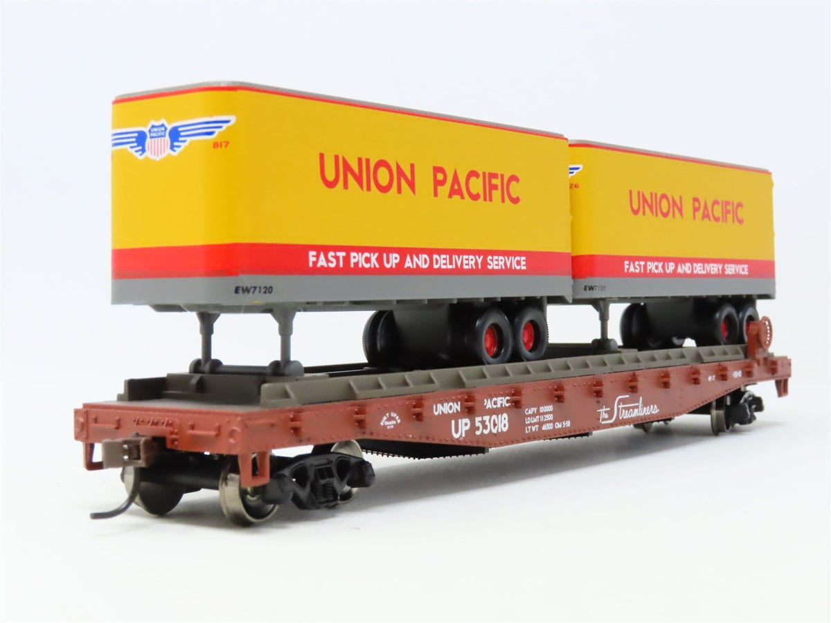 HO Scale Athearn 92360 UP Union Pacific 50&#39; Flat Car #53018 w/ Two 25&#39; Trailers