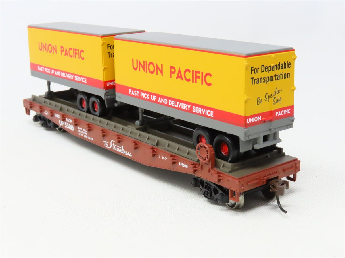 HO Scale Athearn 92360 UP Union Pacific 50&#39; Flat Car #53018 w/ Two 25&#39; Trailers