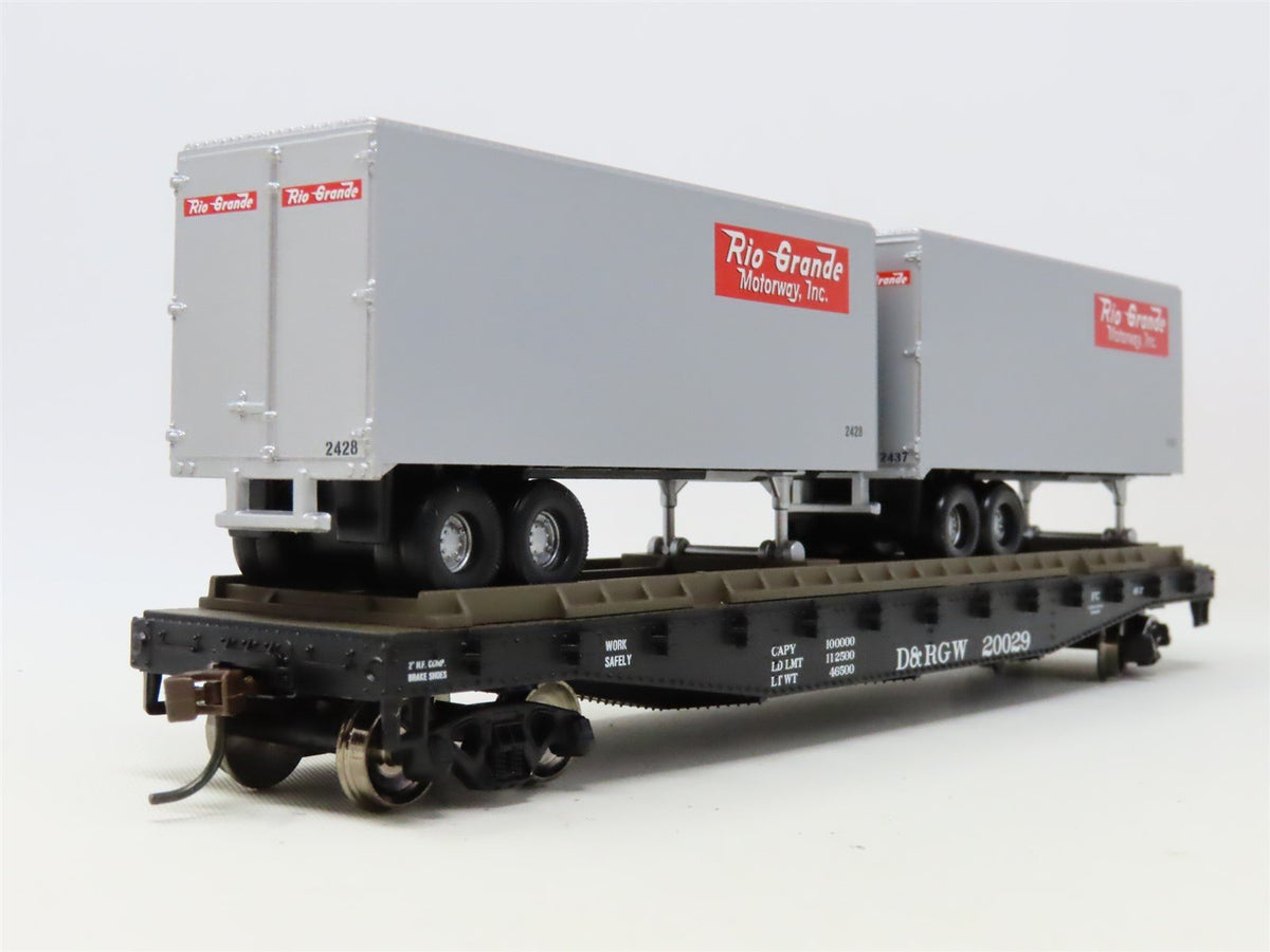 HO Scale Athearn 92397 D&amp;RGW Rio Grande 50&#39; Flat Car #20029 w/ Two 25&#39; Trailers