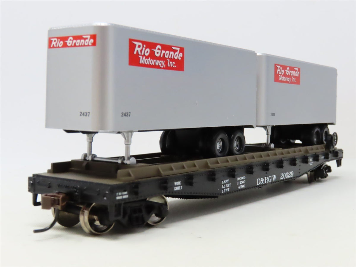 HO Scale Athearn 92397 D&amp;RGW Rio Grande 50&#39; Flat Car #20029 w/ Two 25&#39; Trailers