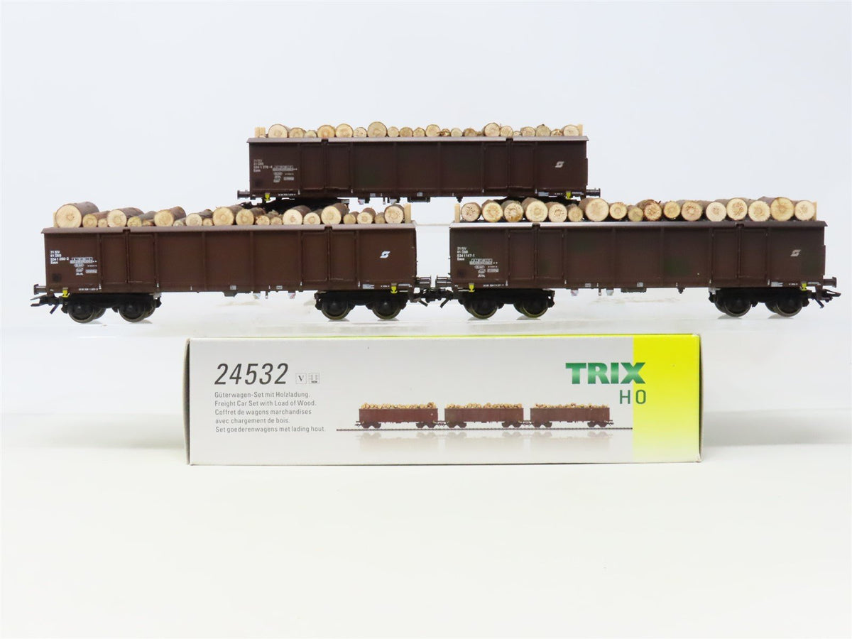 HO Scale Trix 24532 Gondola Freight Car Set w/Load of Wood 3-Pack