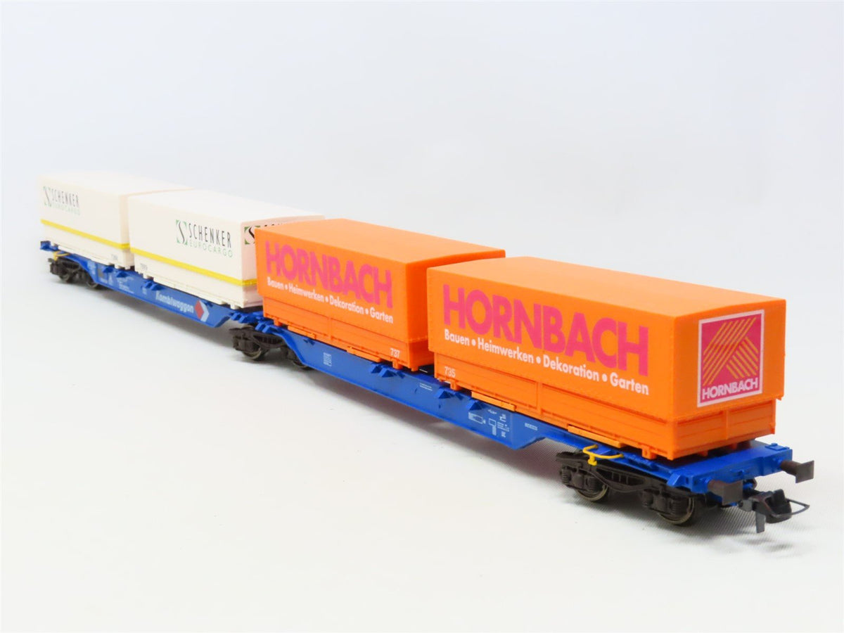 HO Scale Roco 47100 DB Kombiwaggon Articulated Flat Cars w/Covered Containers