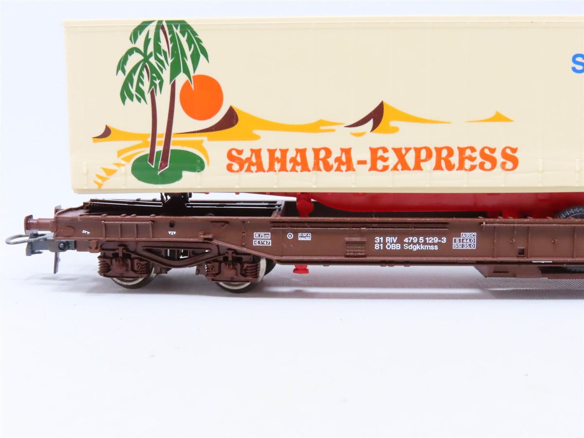 HO Scale Roco 47037 OBB Austrian Federal Flatcar #129-3 w/Sahara-Express Trailer