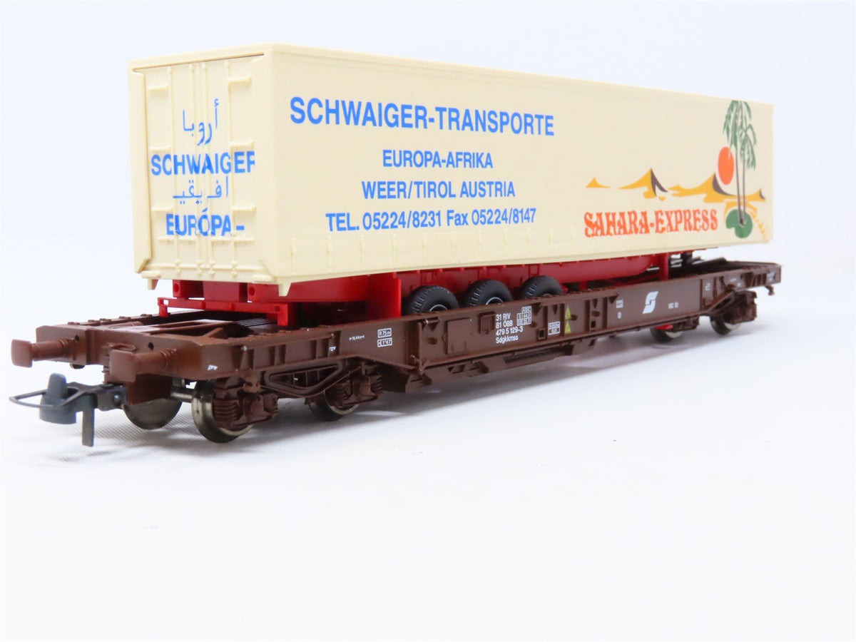 HO Scale Roco 47037 OBB Austrian Federal Flatcar #129-3 w/Sahara-Express Trailer