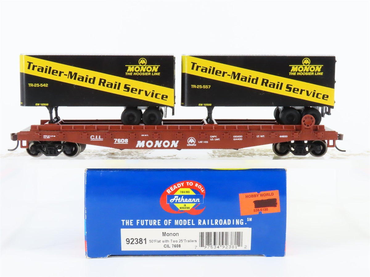 HO Scale Athearn 92381 CIL Monon 50&#39; Flatcar #7608 w/Trailers