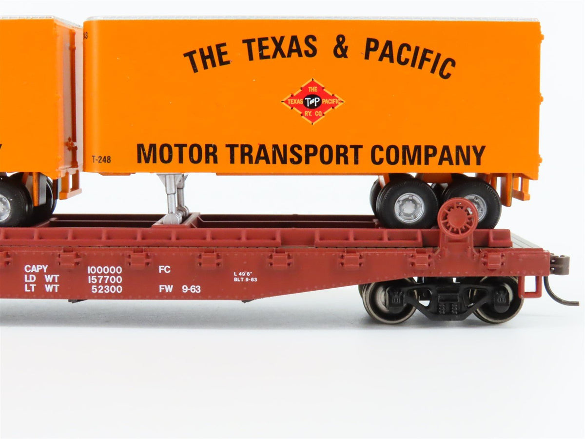 HO Scale Athearn 92383 T&amp;P Texas &amp; Pacific 50&#39; Flatcar #5302 w/Trailers