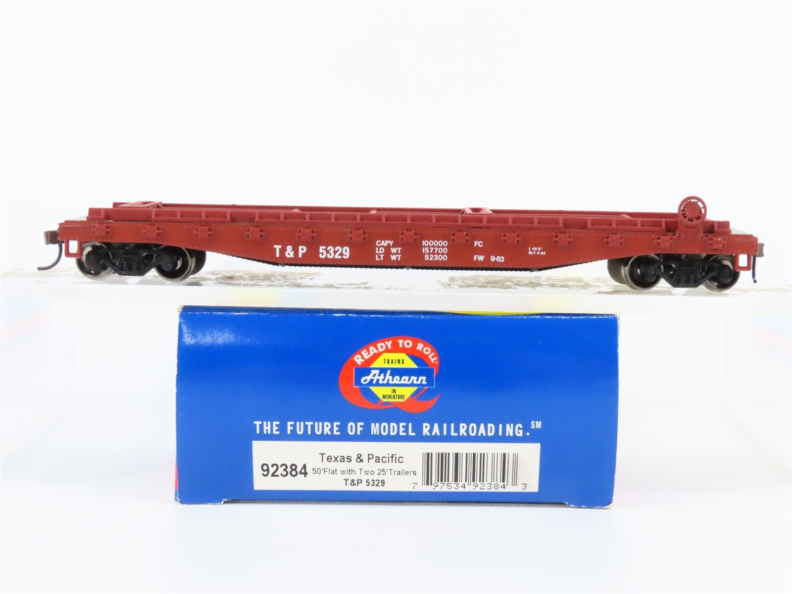 HO Scale Athearn 92384 T&P Texas & Pacific 50' Flatcar #5329 w/Trailers