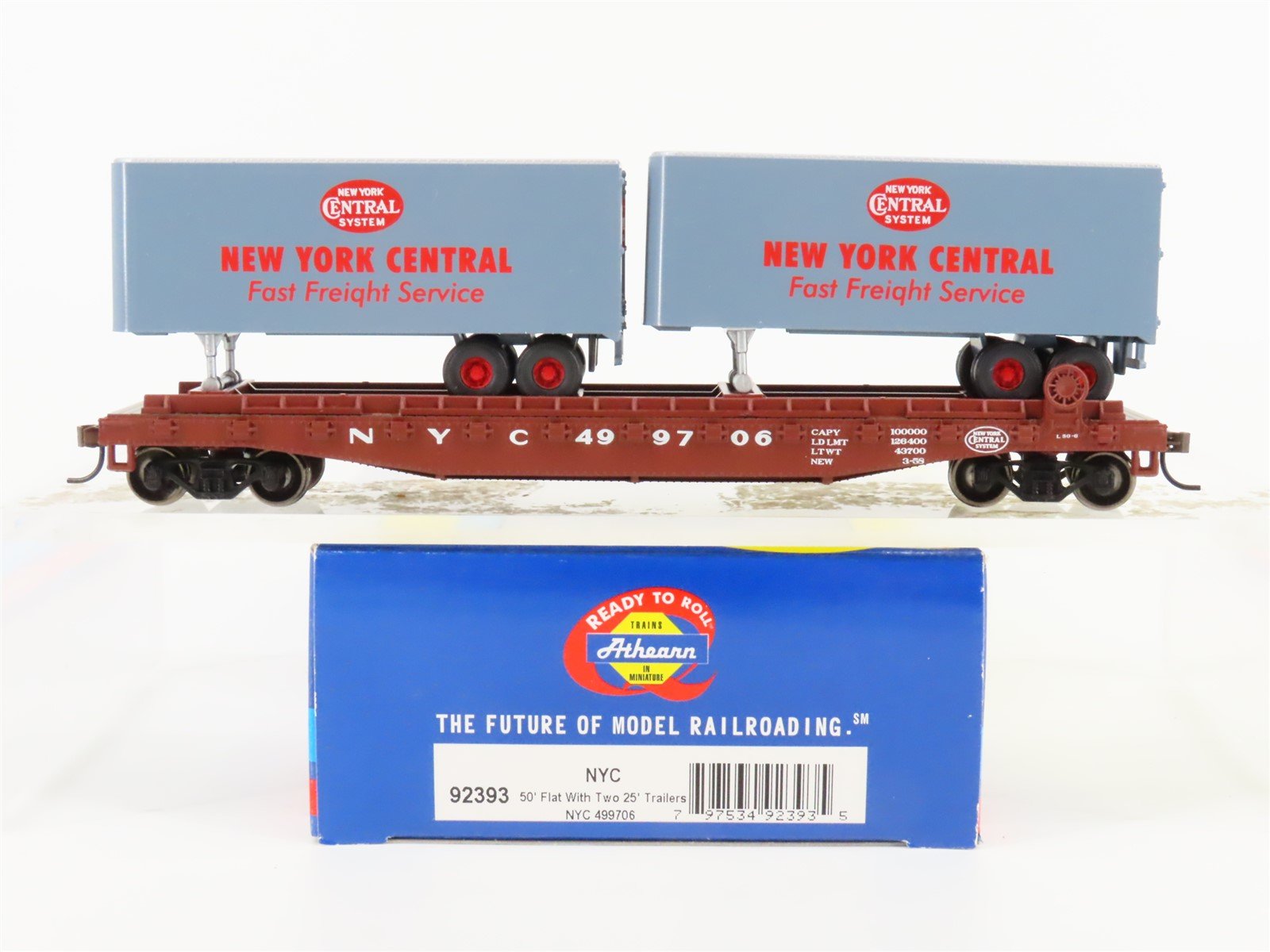 HO Scale Athearn 92393 NYC New York Central 50' Flatcar #499706 w/Trailers