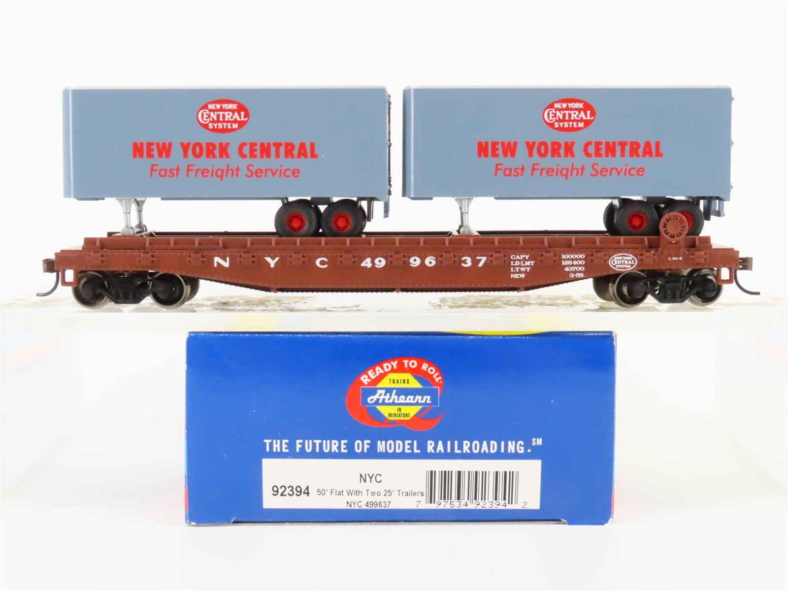 HO Scale Athearn 92394 NYC New York Central 50' Flatcar #499637 w/Trailers