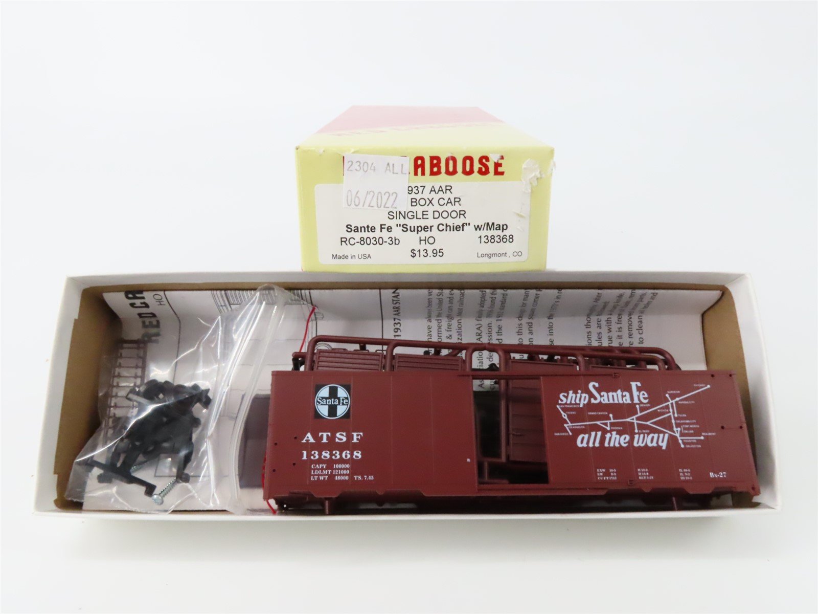 HO Red Caboose Kit RC8030-3b ATSF Santa Fe "Super Chief/Map" 40' Box Car #138368