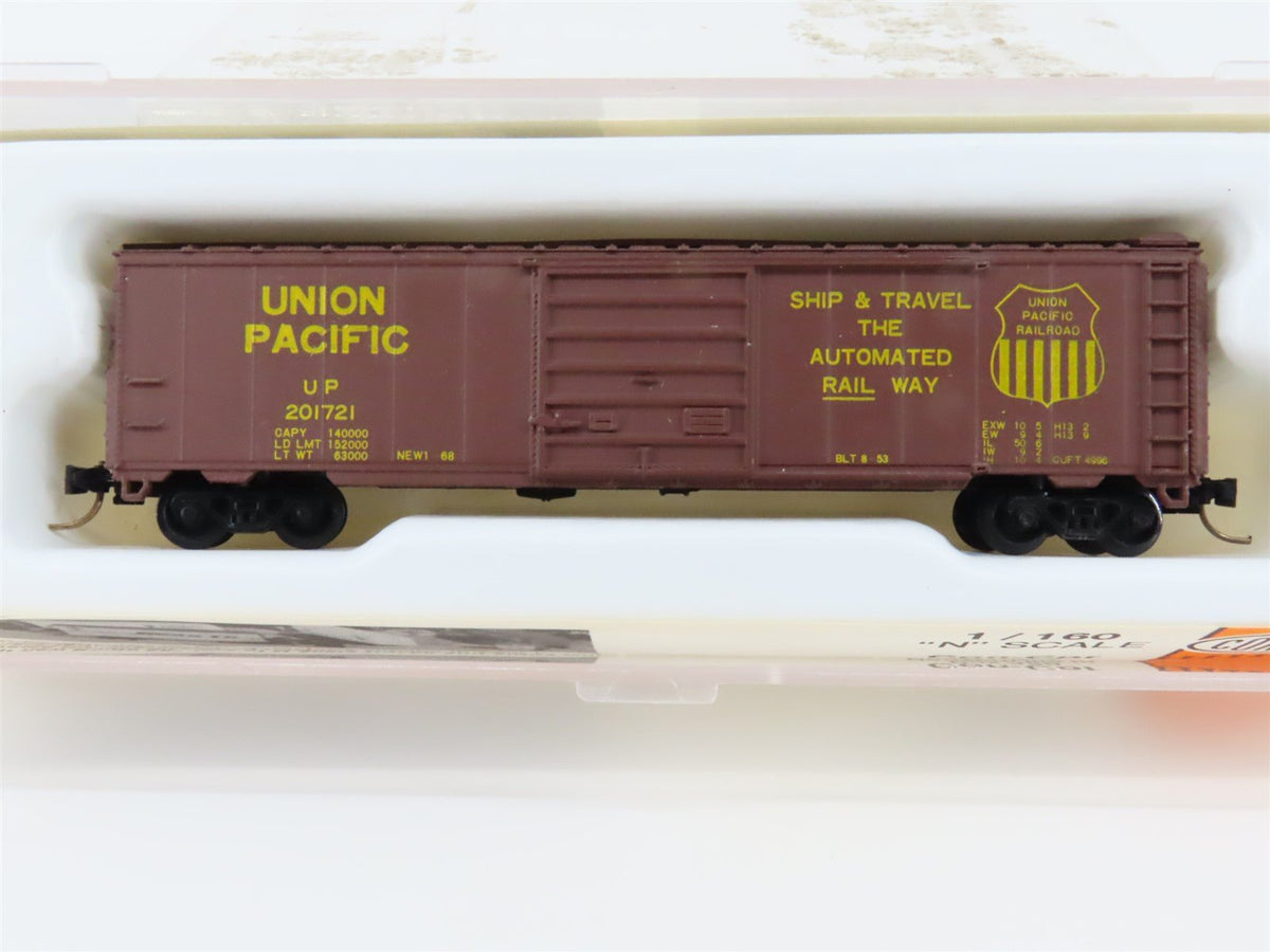 N Scale Con-Cor 0001-01451C UP Union Pacific 50&#39; Panel Door Box Car #201721