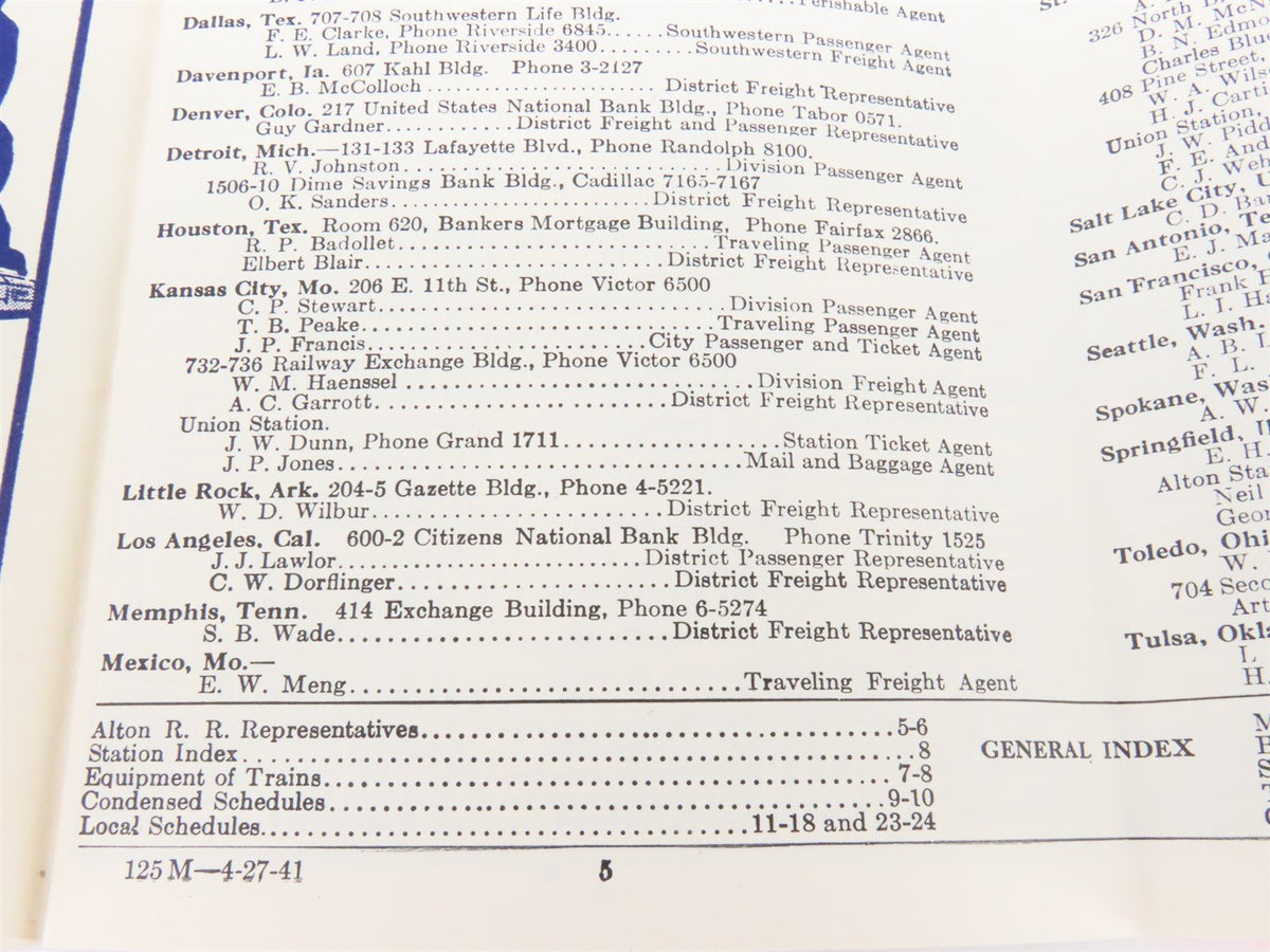 The Alton Railroad Company Time Tables April 27, 1941