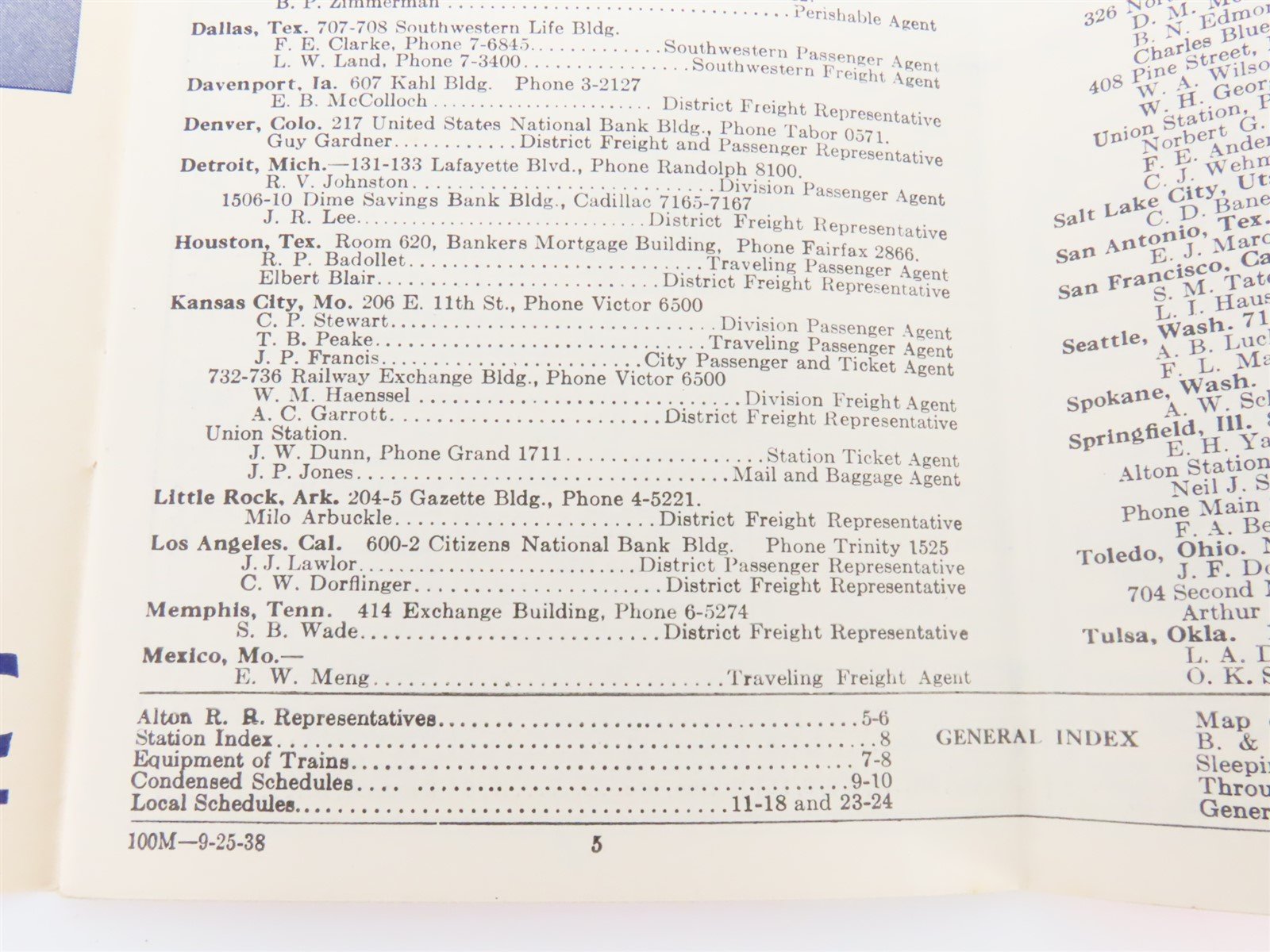 The Alton Railroad Company Time Tables September 25, 1938