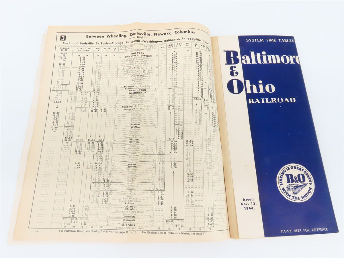 B&amp;O Baltimore &amp; Ohio Railroad System Time Tables - November 12, 1944