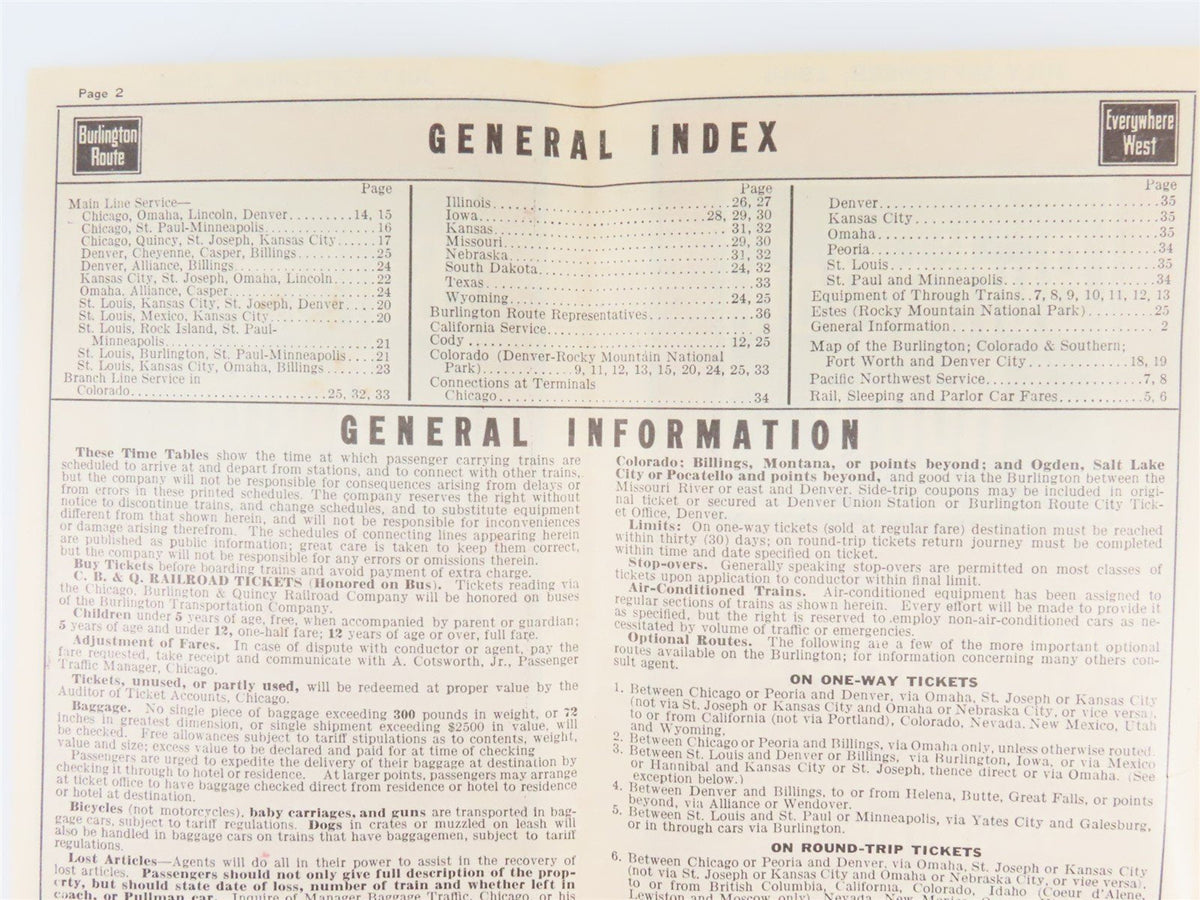 CB&amp;Q Burlington Route Railroad Time Tables - July-September, 1944