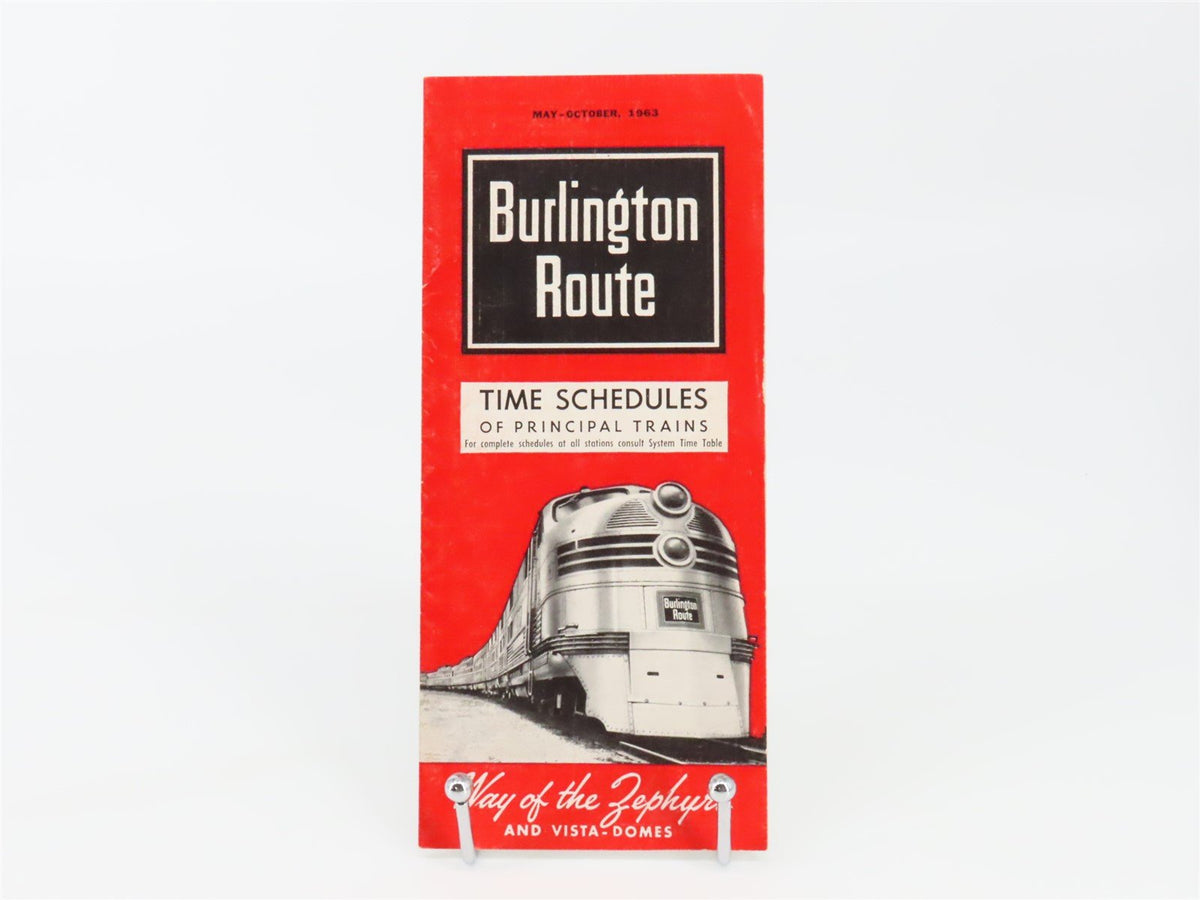CB&amp;Q Burlington Route Railroad Time Schedules Of Principal Trains May-Oct. 1963