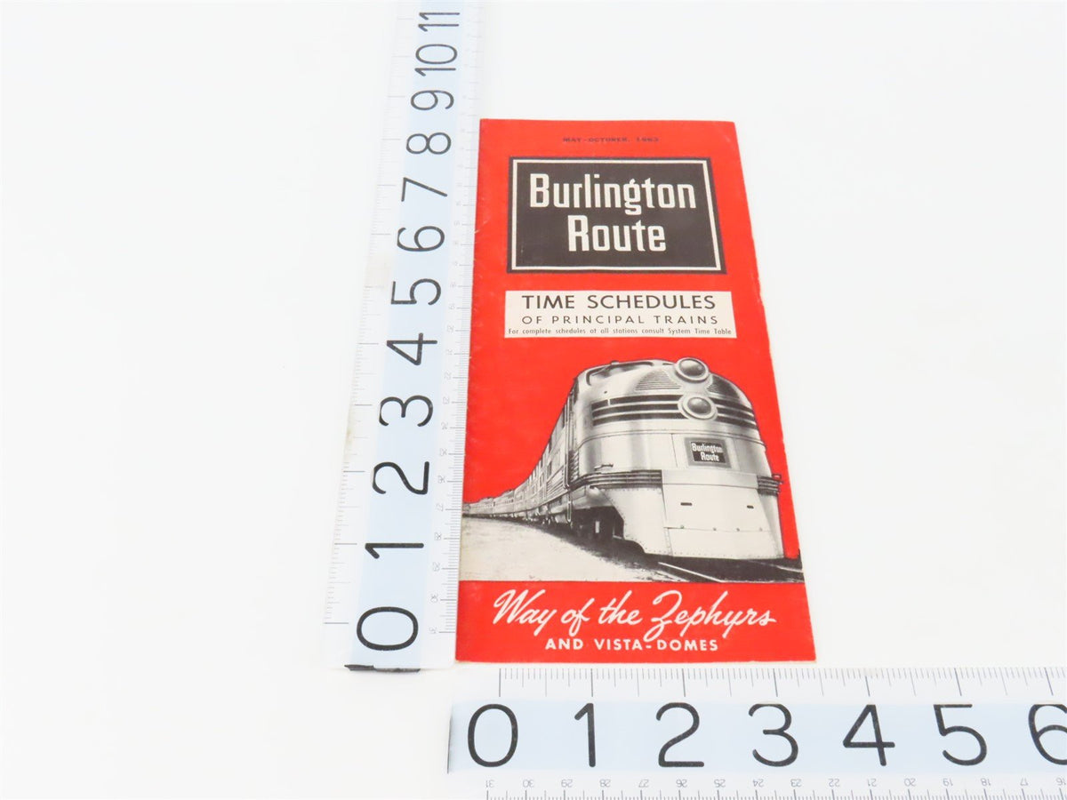 CB&amp;Q Burlington Route Railroad Time Schedules Of Principal Trains May-Oct. 1963