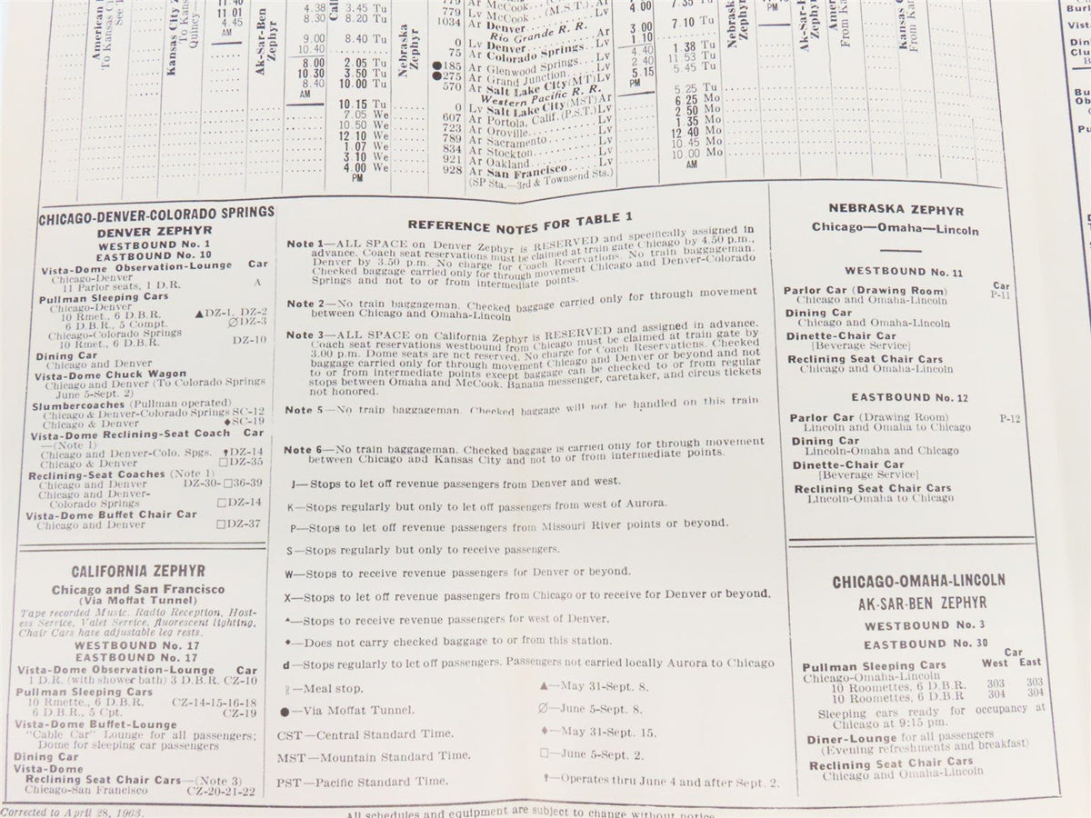 CB&amp;Q Burlington Route Railroad Time Schedules Of Principal Trains May-Oct. 1963