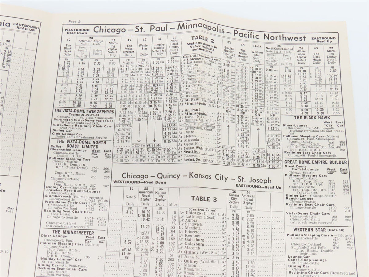 CB&amp;Q Burlington Route Railroad Time Schedules Of Principal Trains May-Oct. 1963