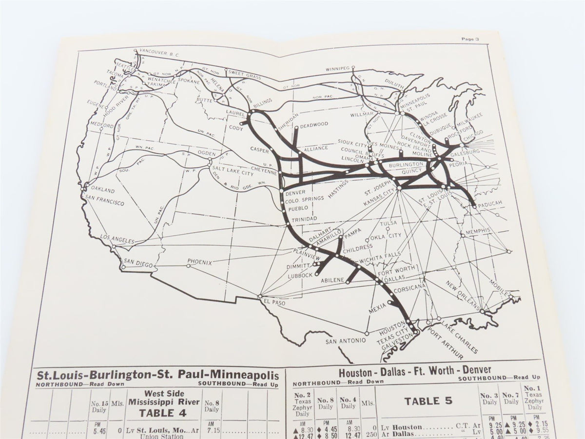 CB&amp;Q Burlington Route Railroad Time Schedules Of Principal Trains May-Oct. 1963