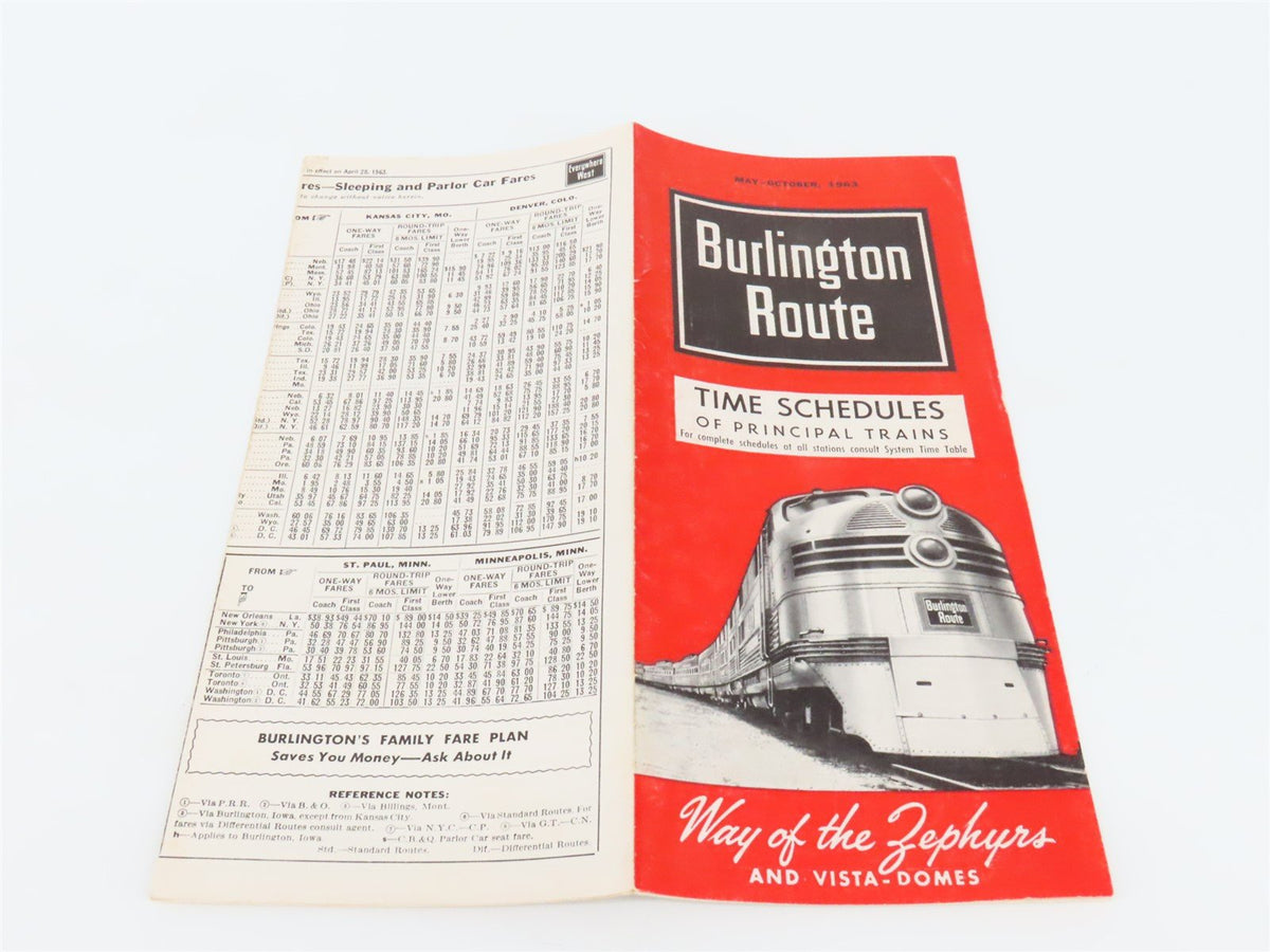 CB&amp;Q Burlington Route Railroad Time Schedules Of Principal Trains May-Oct. 1963