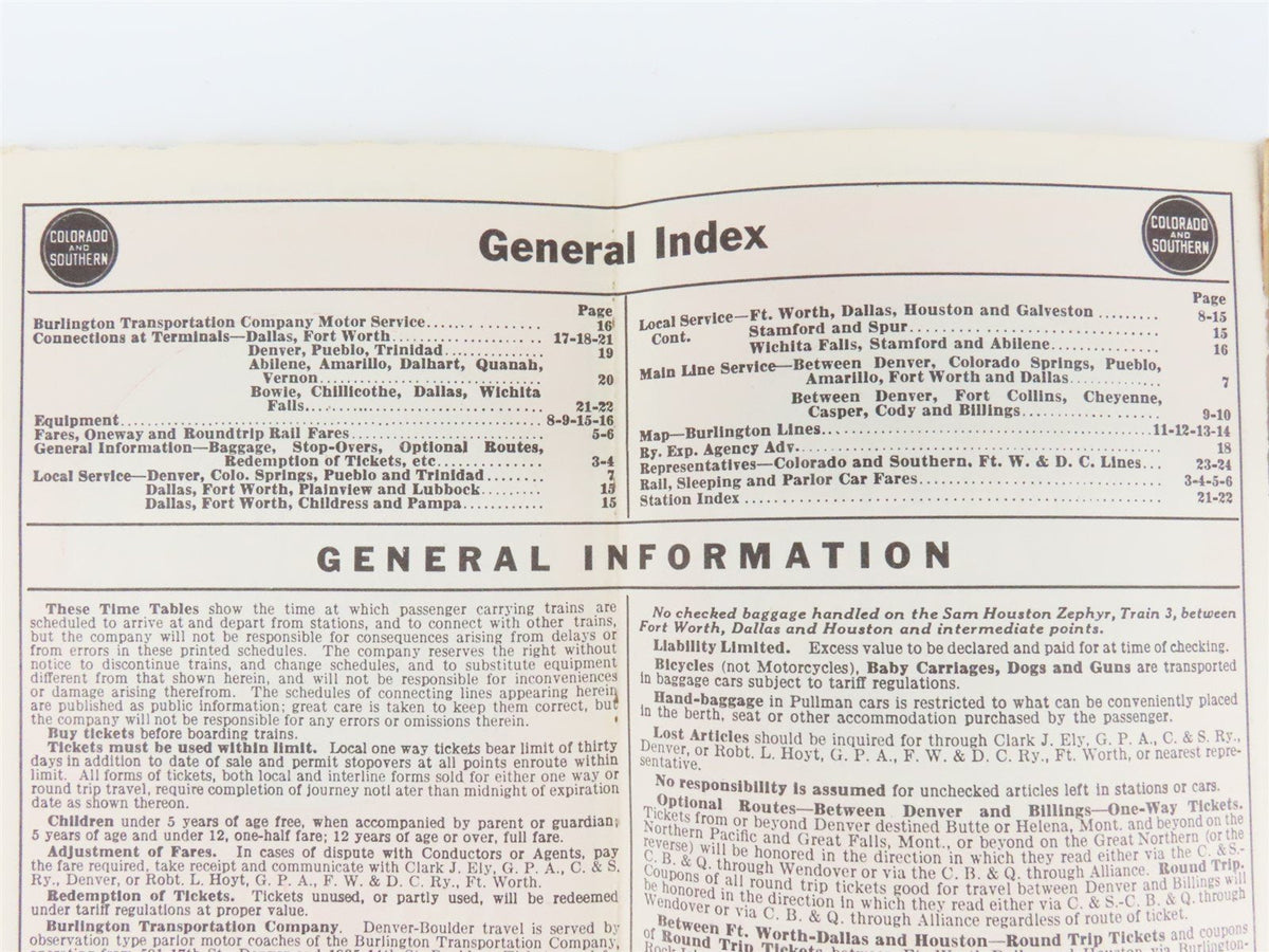 C&amp;S Colorado &amp; Southern Burlington System Time Tables - January 15, 1944