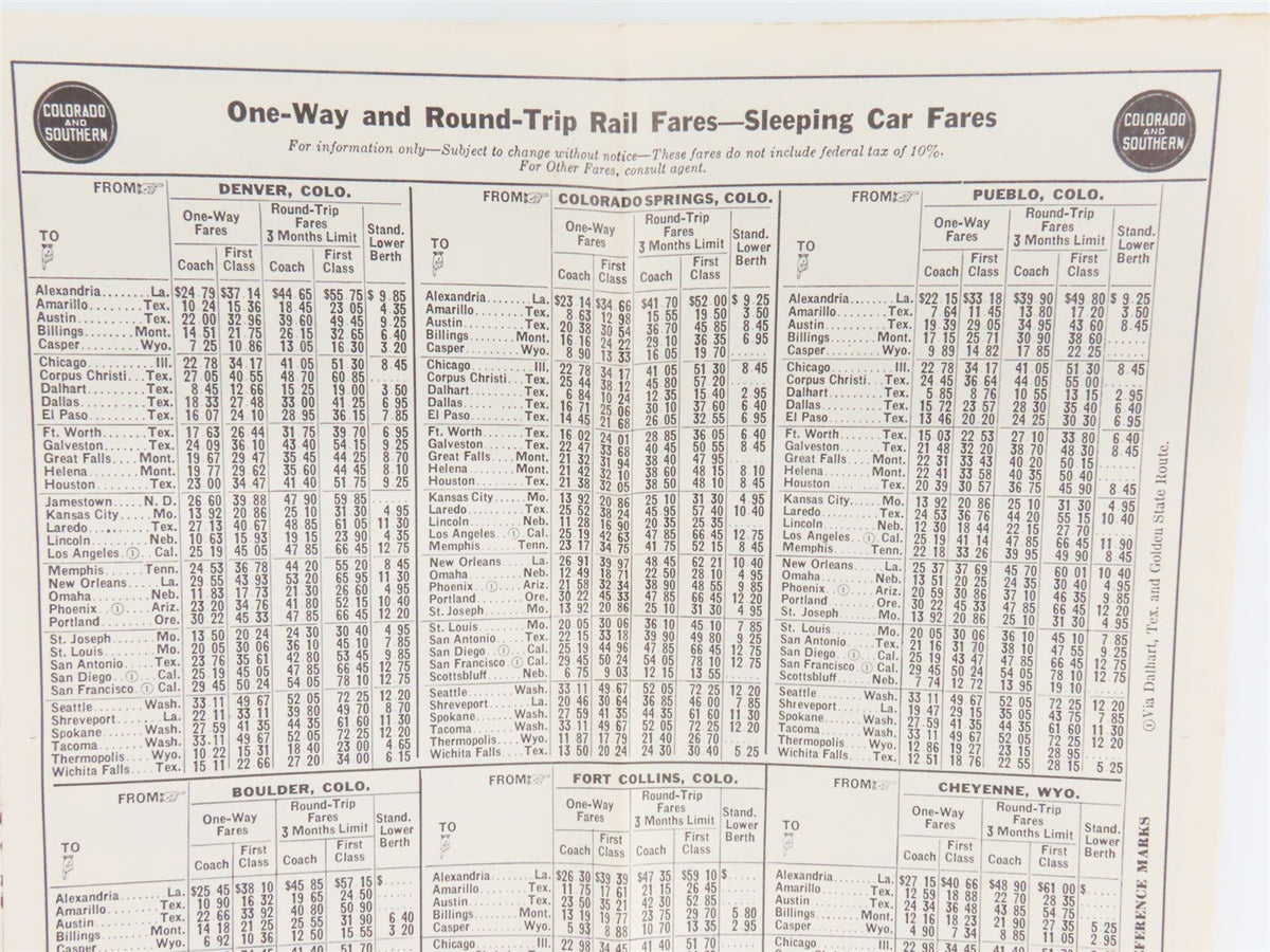 C&amp;S Colorado &amp; Southern Burlington System Time Tables - January 15, 1944