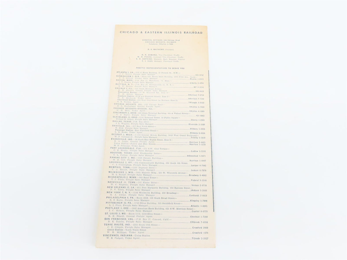 C&amp;EI Chicago &amp; Eastern Illinois Railroad Passenger Time Tables - April 29, 1962