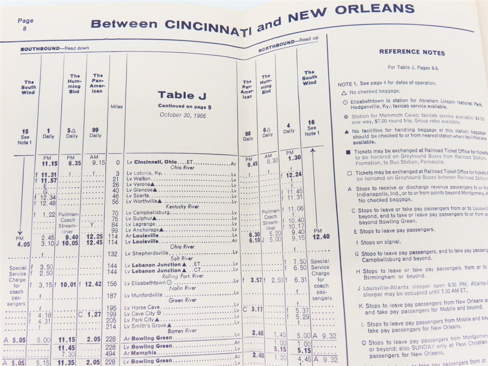 L&N Louisville & Nashville Passenger Train Time Tables - October 30, 1966