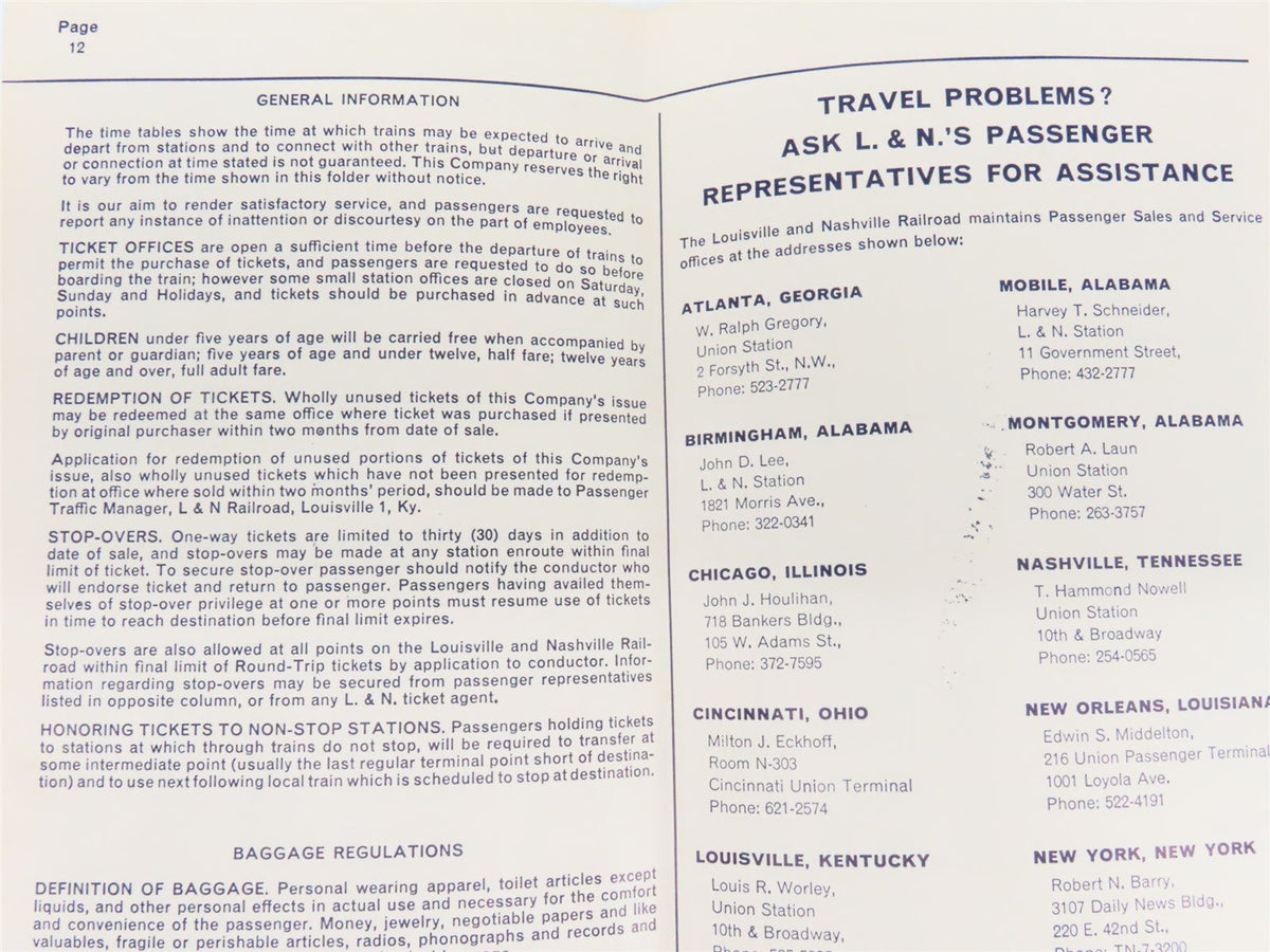 L&amp;N Louisville &amp; Nashville Passenger Train Time Tables - October 30, 1966