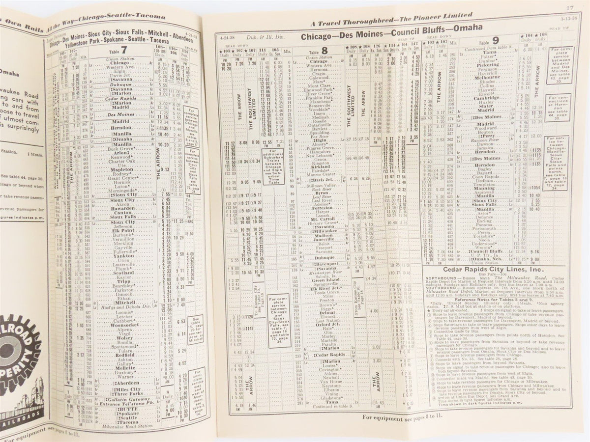 CMStP&amp;P MILW The Milwaukee Road &quot;Hiawatha&quot; Time Tables August-September 1938