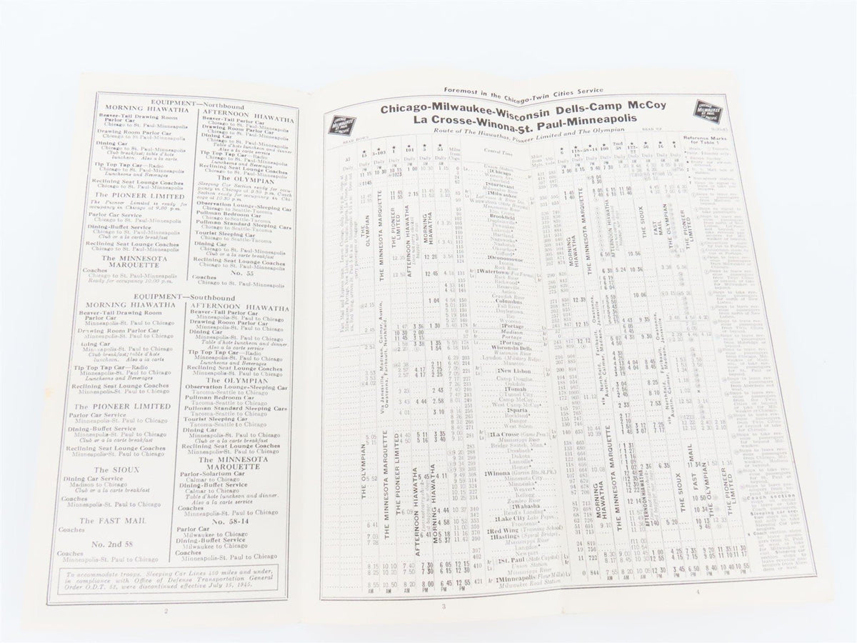 CMStP&amp;P MILW Milwaukee Road &quot;Hiawathas&quot; Train Schedules: September 30, 1945