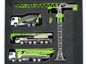 1:100 Scale Zoomlion Products Model Set w/3 Vehicles & Tower Crane