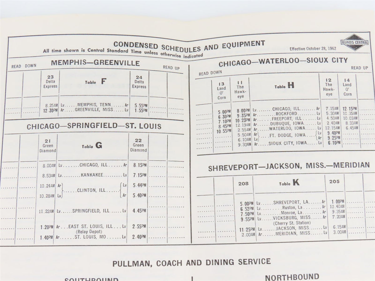 IC Illinois Central &quot;Main Line of Mid-America&quot; Time Tables: October 28, 1962