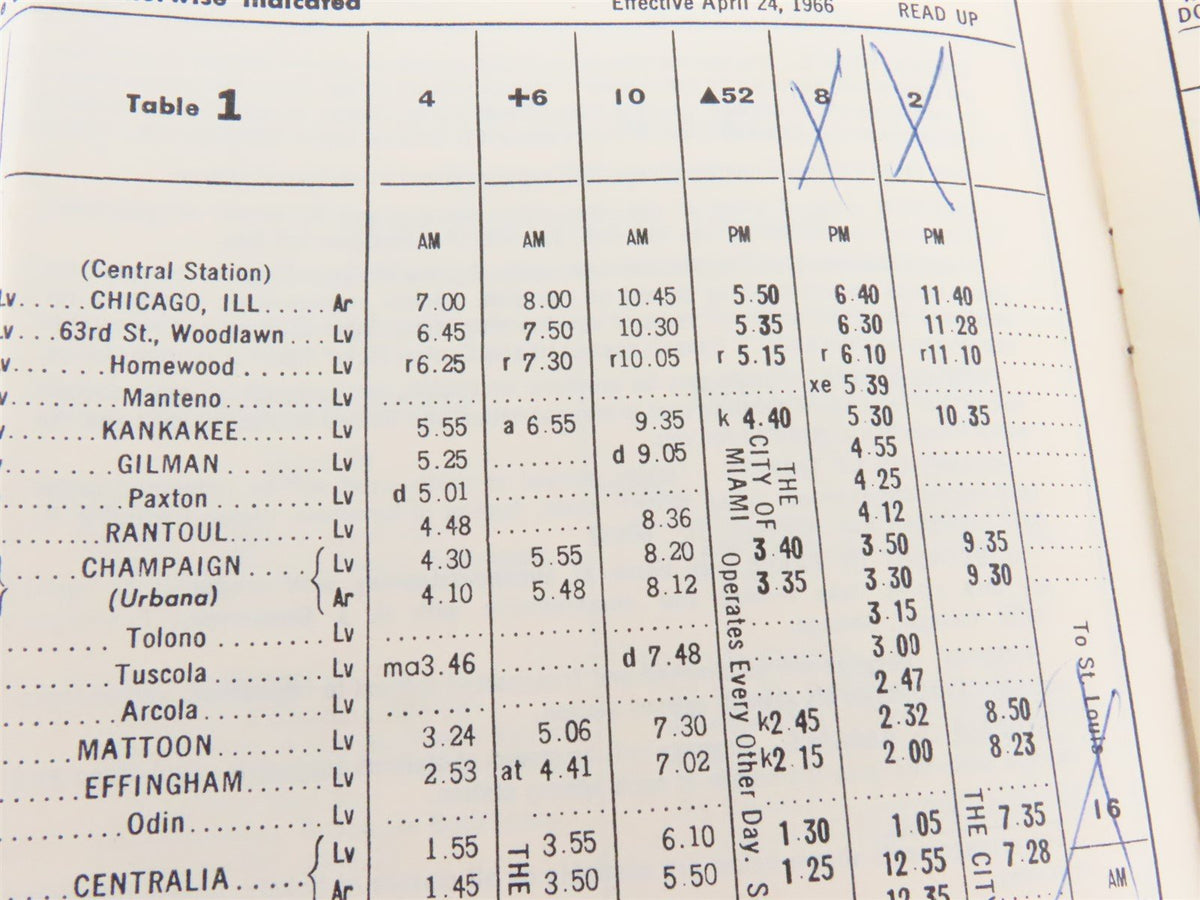 IC Illinois Central &quot;Main Line of Mid-America&quot; Time Tables: April 24, 1966